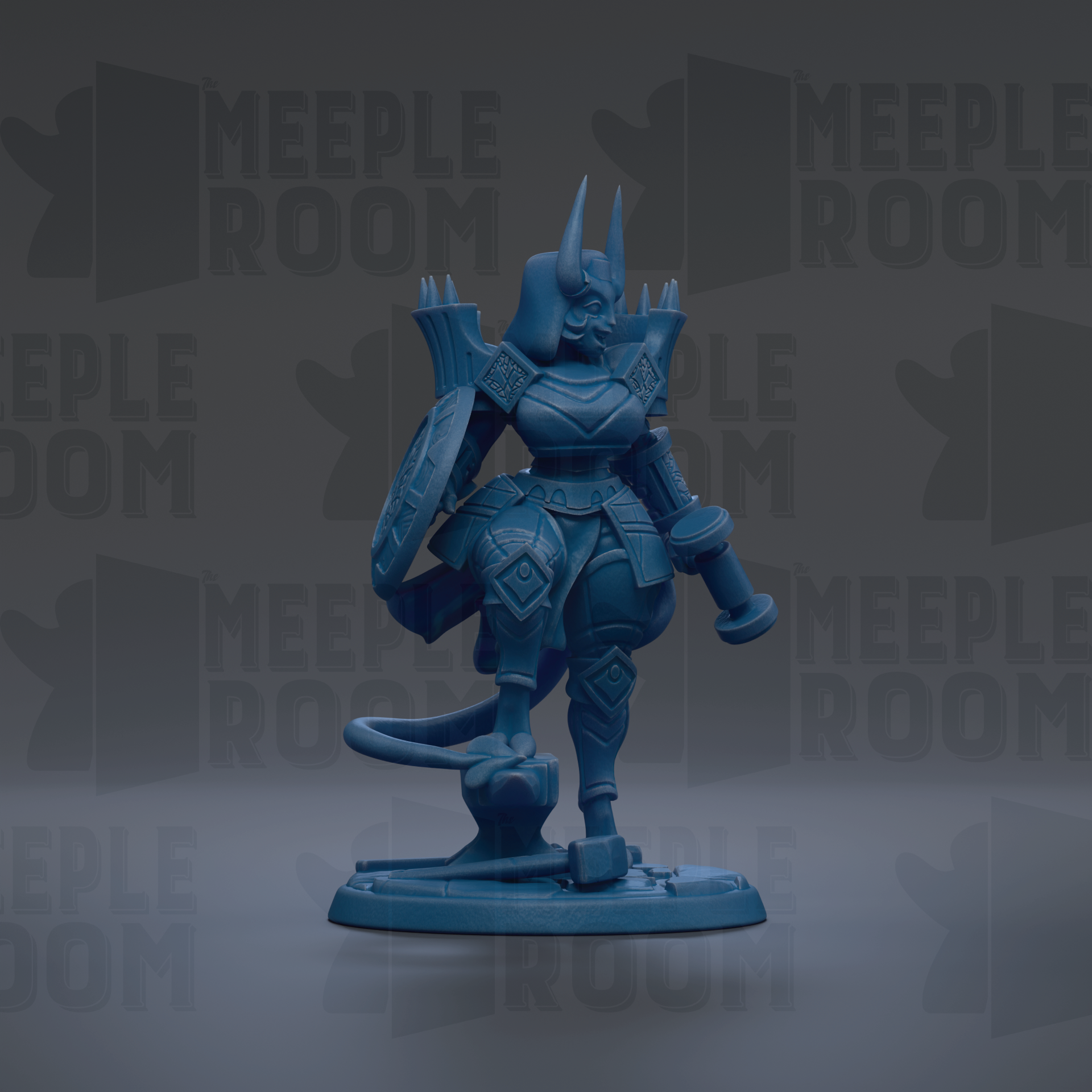 A blue figurine of a warrior-like character with a sword and shield stands against a dark background with repeated text.