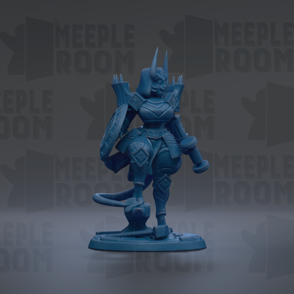 A blue figurine of a warrior-like character with a sword and shield stands against a dark background with repeated text.