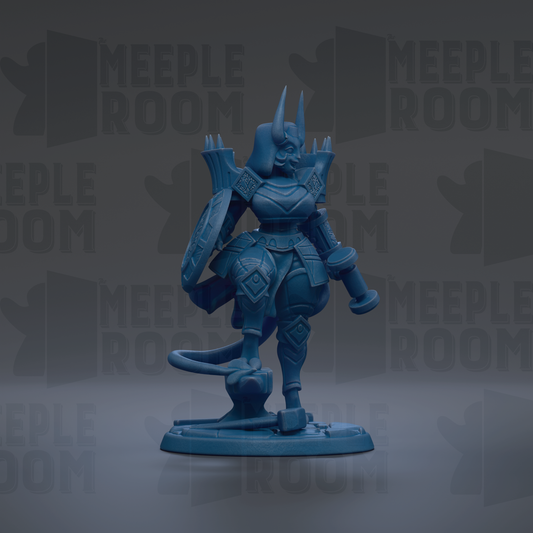 A blue figurine of a warrior-like character with a sword and shield stands against a dark background with repeated text.