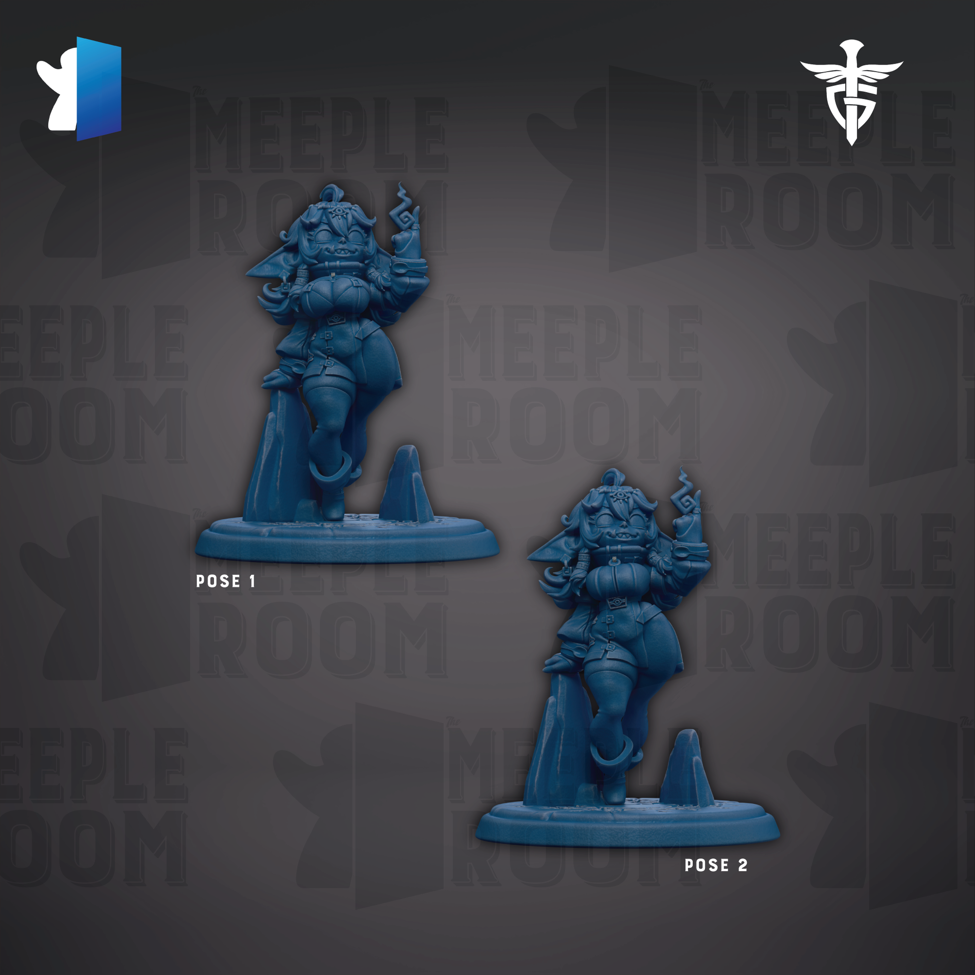 two blue figurines of a female character, each with a unique pose, set against a dark background with repeated text.