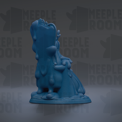 A blue, abstract sculpture with a dripping, organic shape is displayed against a dark background with repeated text.
