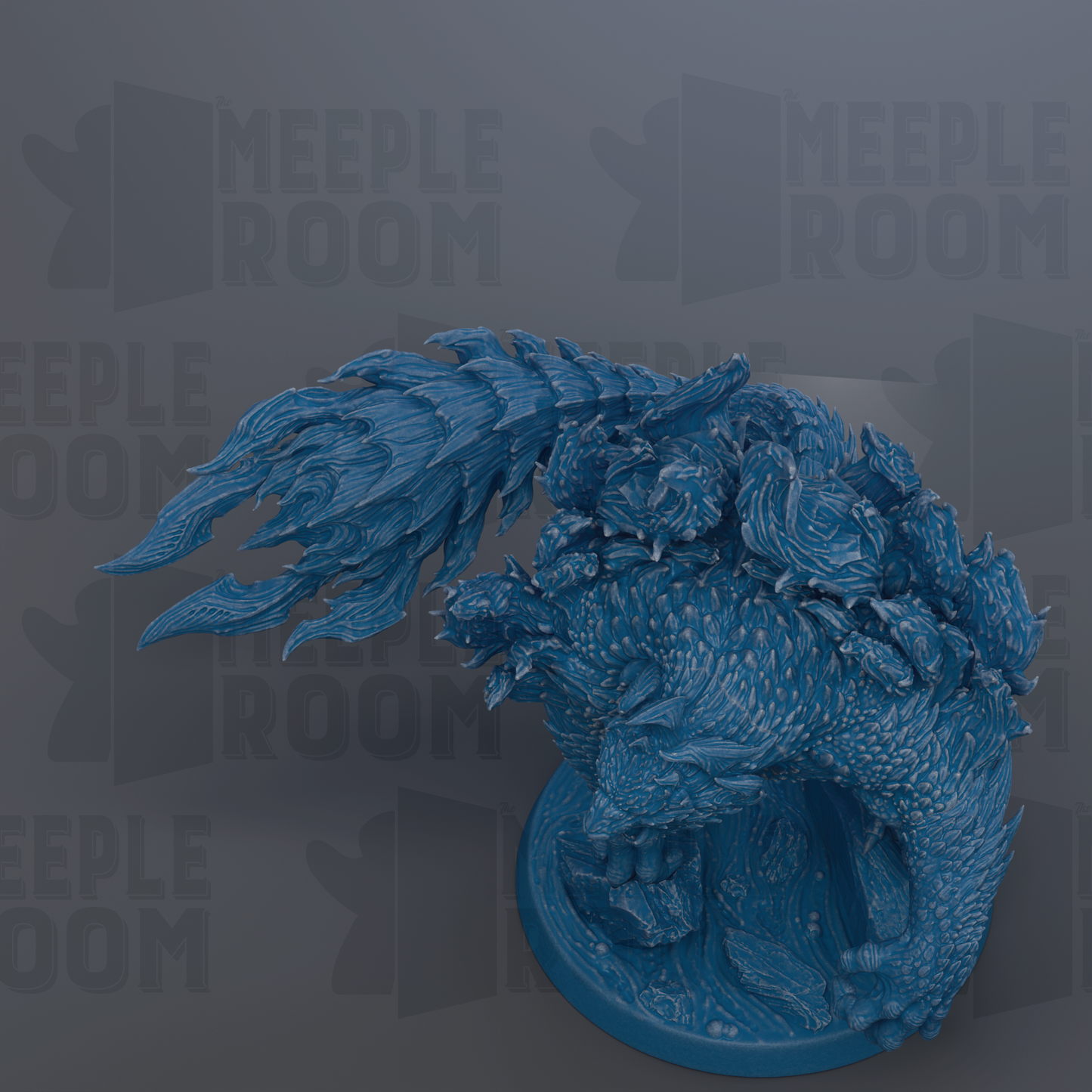A blue, intricate figurine of a fantastical creature with a large, flowing tail and a detailed, textured body.