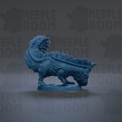 A blue, 3D-rendered dinosaur figurine is displayed against a dark background with repeated text.