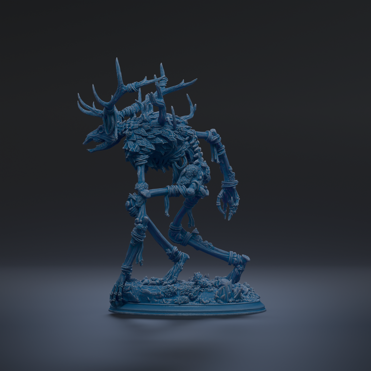 A 3D rendering of a blue, fantastical creature with sharp teeth and claws, standing on a base and facing to the right.