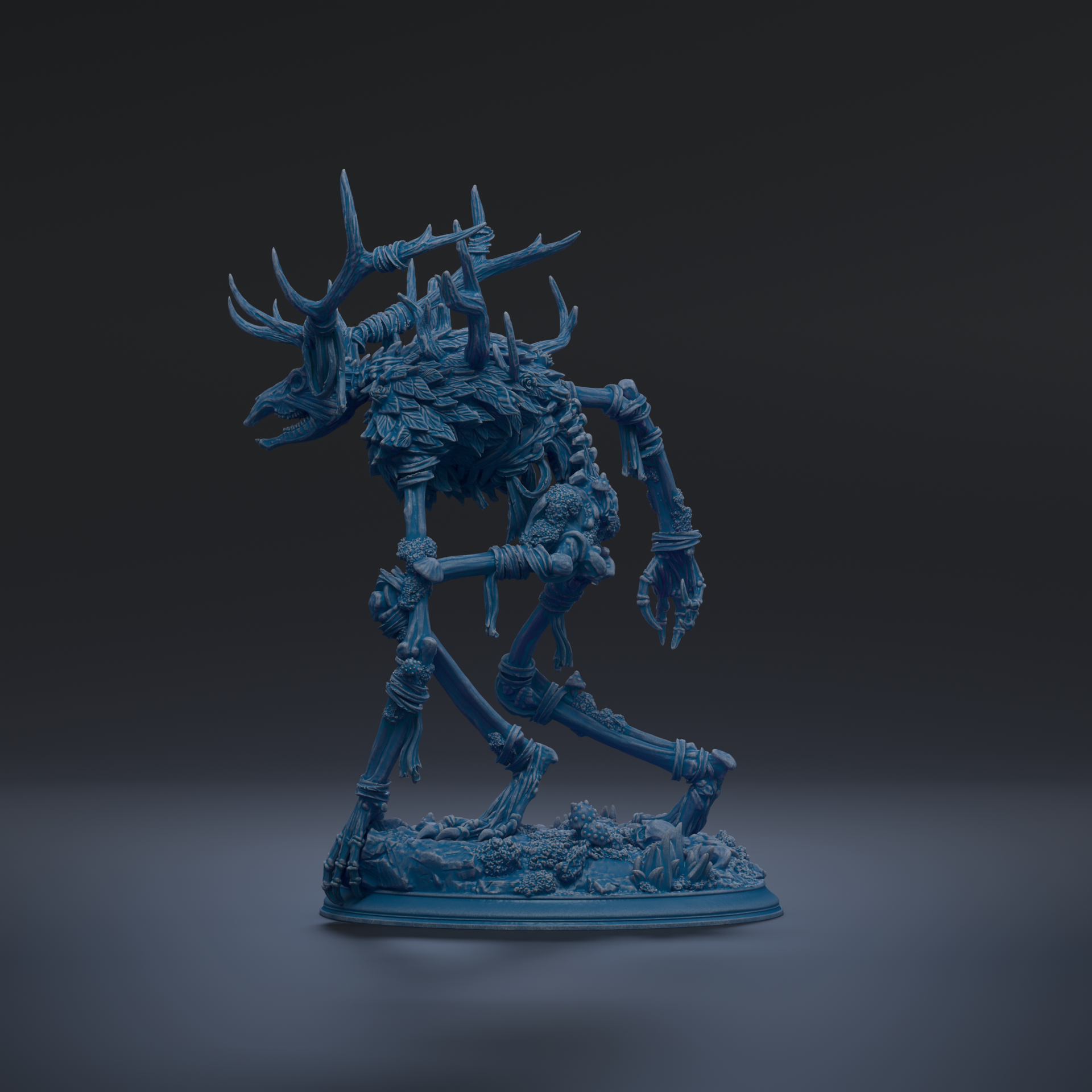 A 3D rendering of a blue, fantastical creature with sharp teeth and claws, standing on a base and facing to the right.