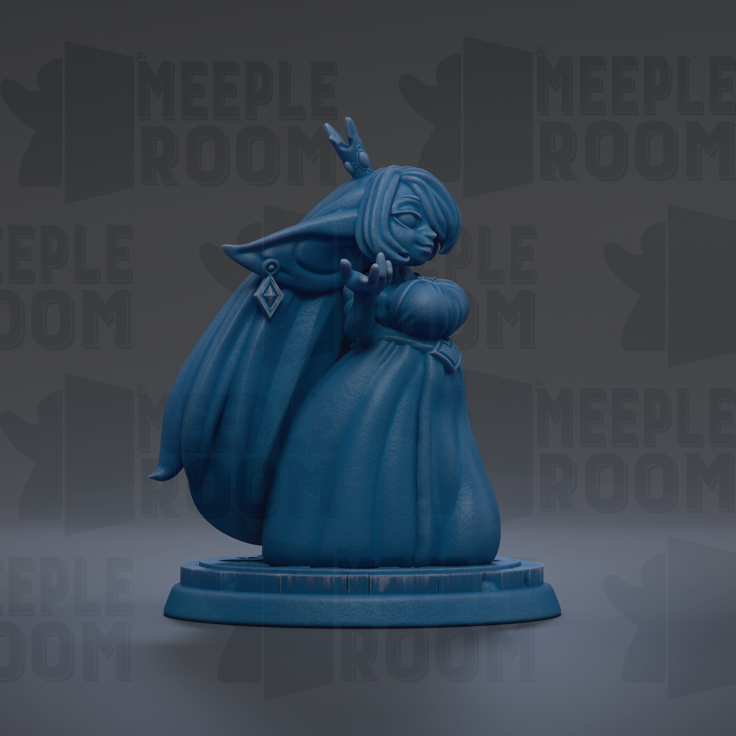 A blue figurine of a woman with a flowing dress and a crown, sitting on a pedestal against a dark background with repeated text.