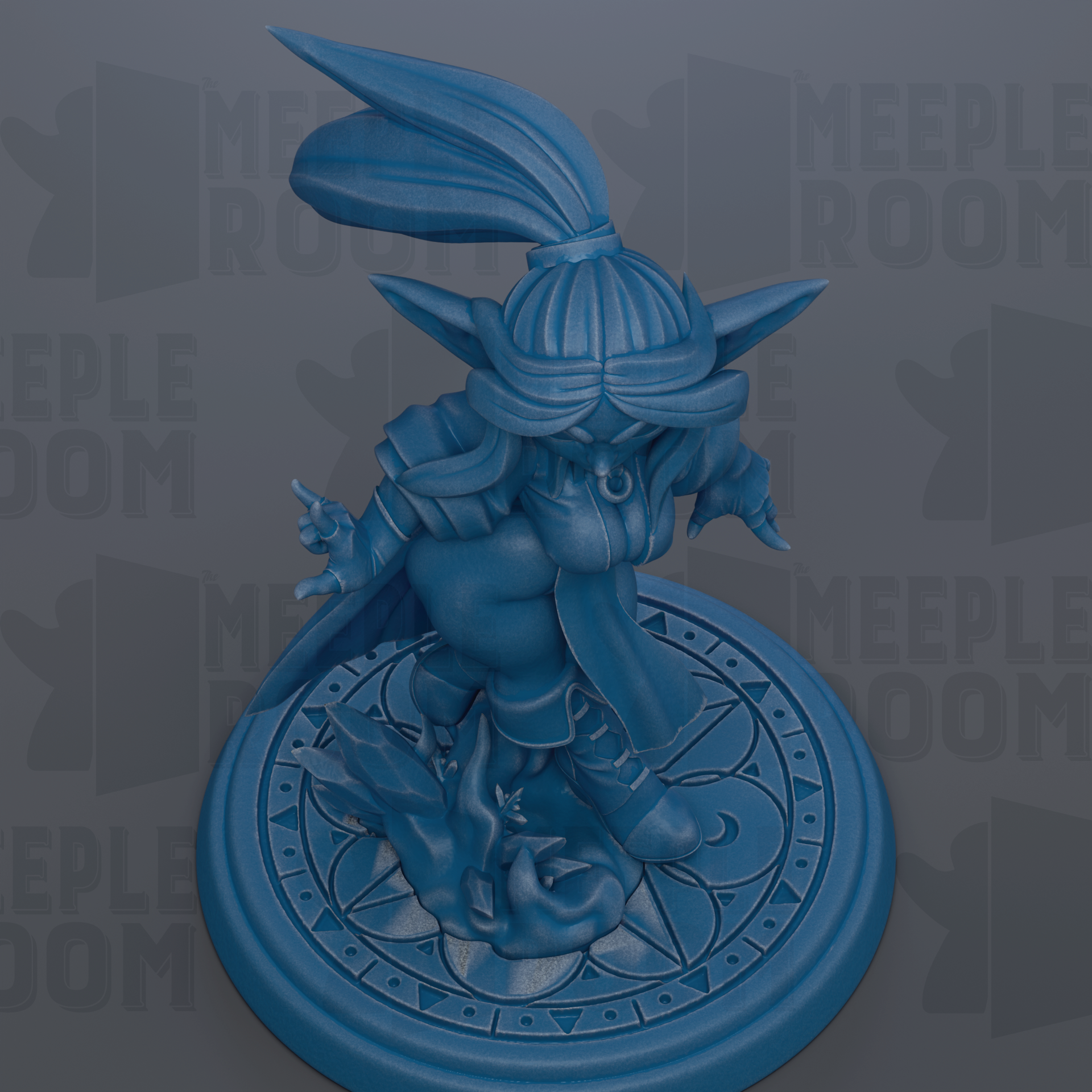 A blue figurine of a character with a large head and a pointed hat, standing on a circular base with a geometric pattern.