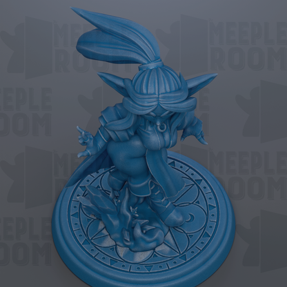 A blue figurine of a character with a large head and a pointed hat, standing on a circular base with a geometric pattern.
