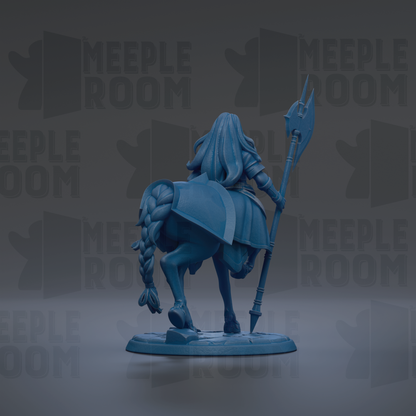 A blue figurine of a person riding a horse, holding a spear, against a dark background with repeated text.