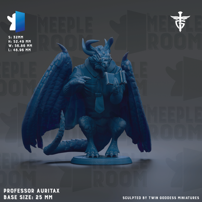 a blue figurine of a winged creature, possibly a dragon or serpent, with horns and a tail. The creature is holding a book in its hands. The image is described as a "professor auritax" figurine, and it is shown in a size of 25mm. The background of the image is described as a "MELLOW ROOM" with a repeating pattern of the word "MELLOW" and a symbol resembling a winged figure.