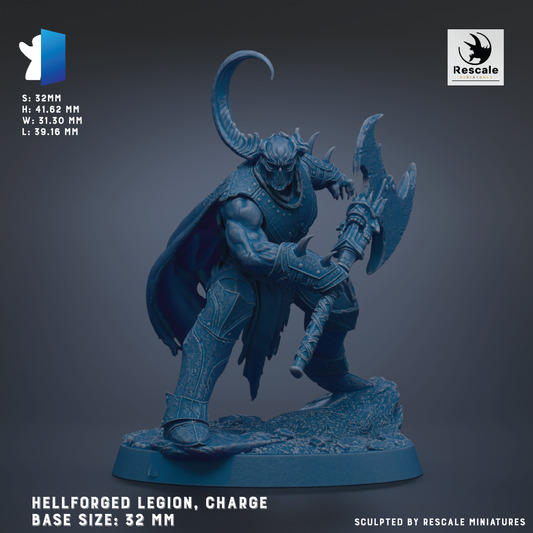 a Hellforged Legion, Charge, base size of 32 mm, with a detailed and imposing figure of a warrior wielding a large weapon.