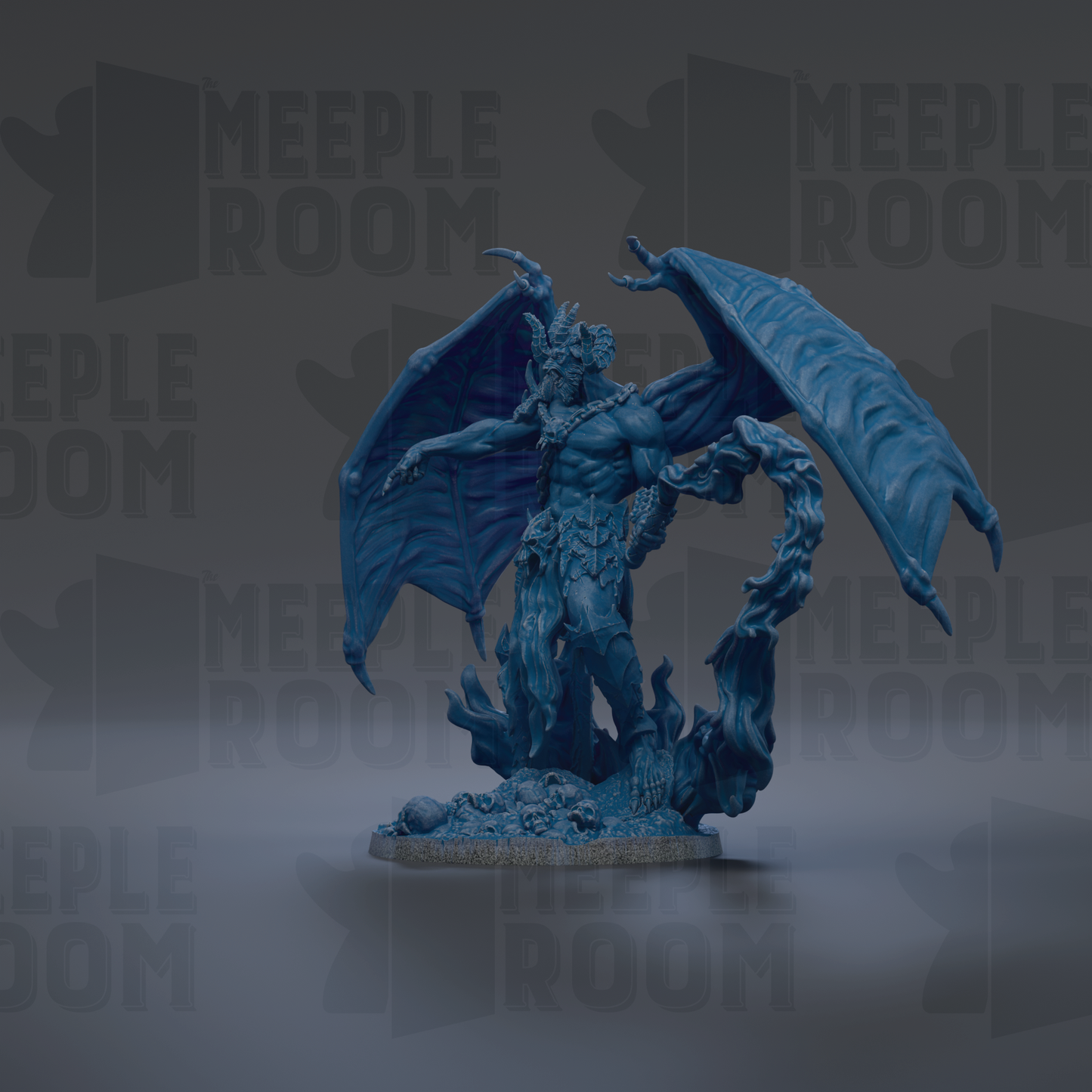 A blue, winged figurine with a fierce expression stands prominently in the center of the image against a dark background.