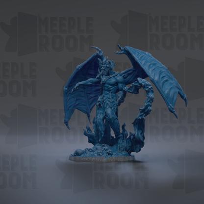 A blue, winged figurine with a fierce expression stands prominently in the center of the image against a dark background.