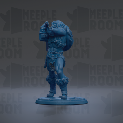 A blue figurine of a warrior standing on a base, with the text "MEUPLE ROOM" repeated in the background.