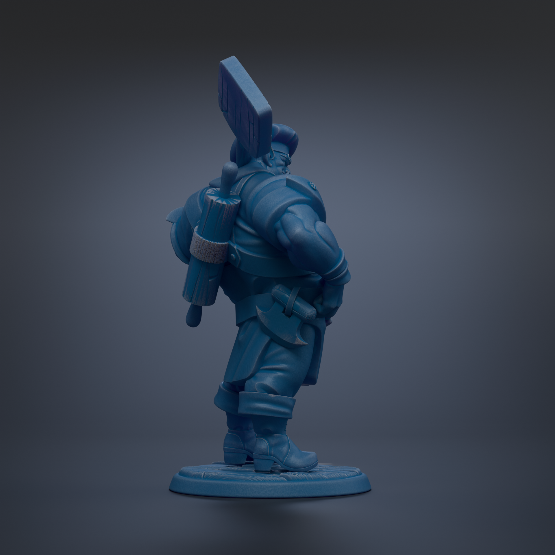 A blue toy figurine of a person standing on a base.