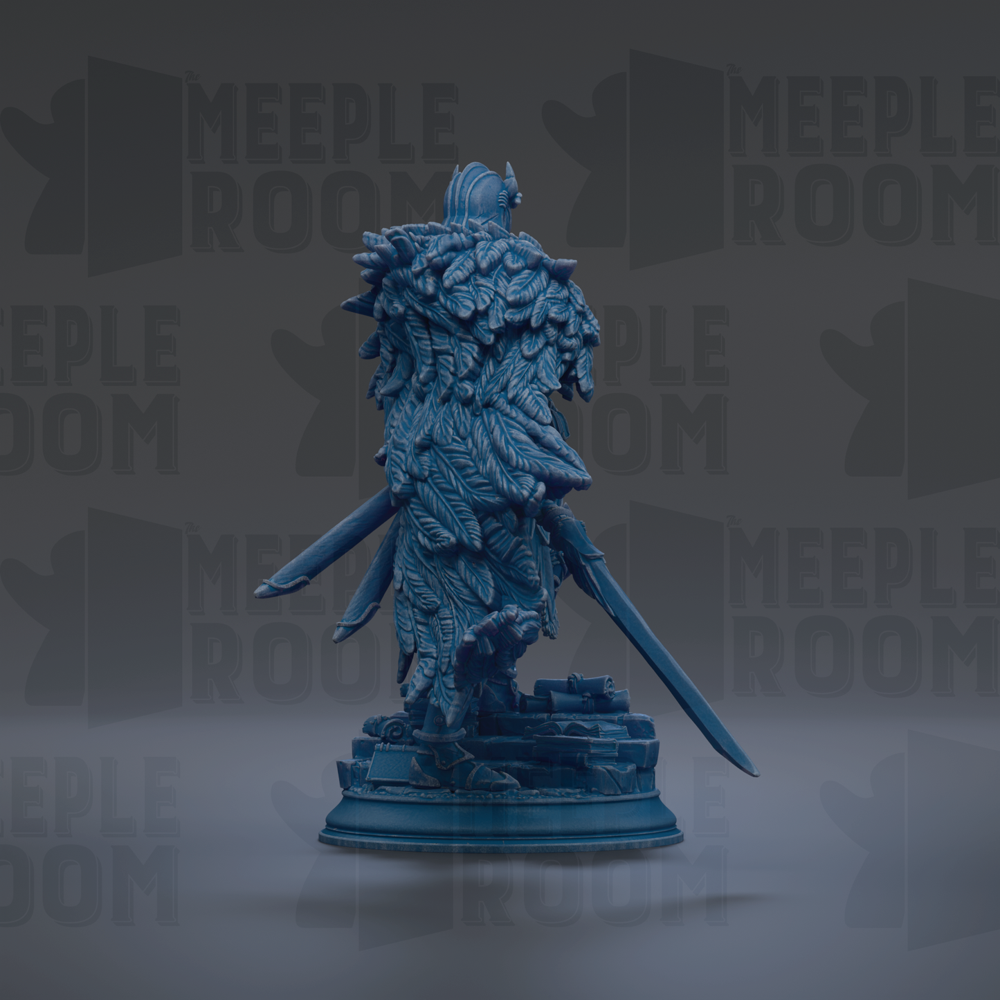 A blue statue of a warrior figure with a flowing cape and a sword, standing on a pedestal against a dark background with repeated text.