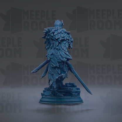 A blue statue of a warrior figure with a flowing cape and a sword, standing on a pedestal against a dark background with repeated text.