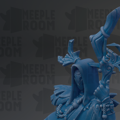 A blue, 3D-rendered statue of a figure with a hooded cloak and ornate weapons, set against a dark background with repeated text.