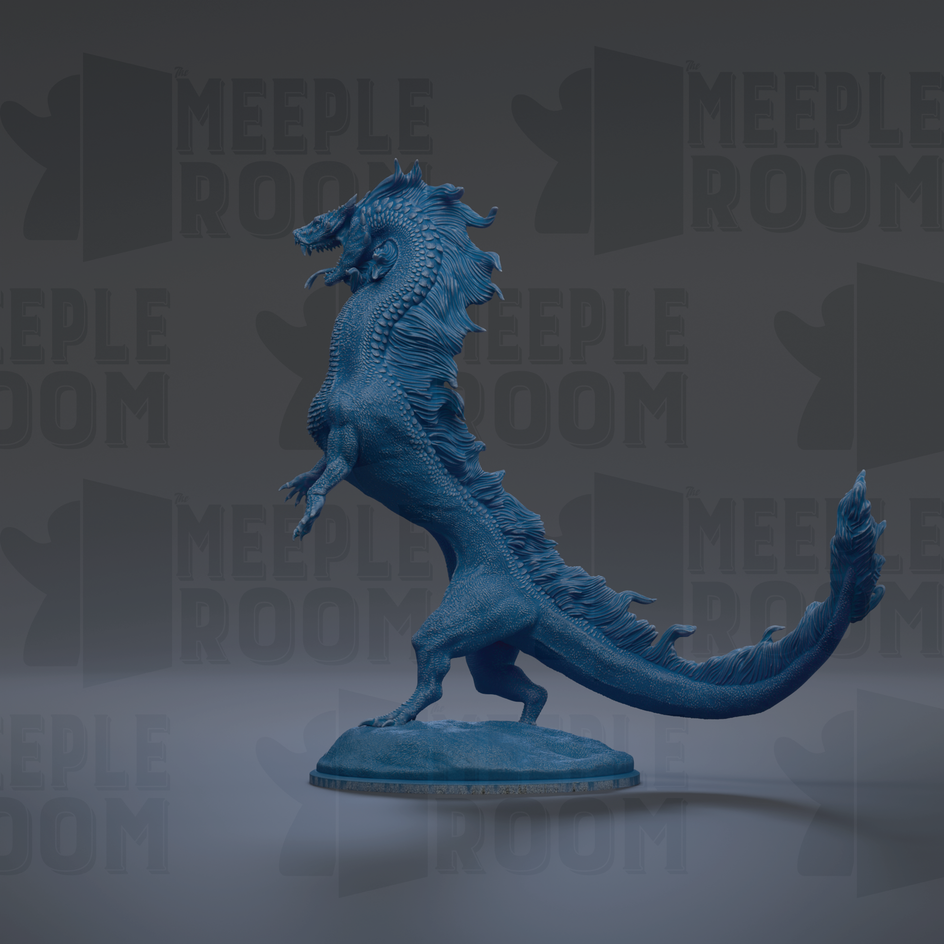 A blue dragon statue is standing on a pedestal against a dark background with repeated text.