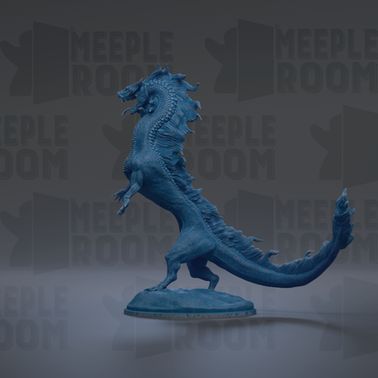 A blue dragon statue is standing on a pedestal against a dark background with repeated text.