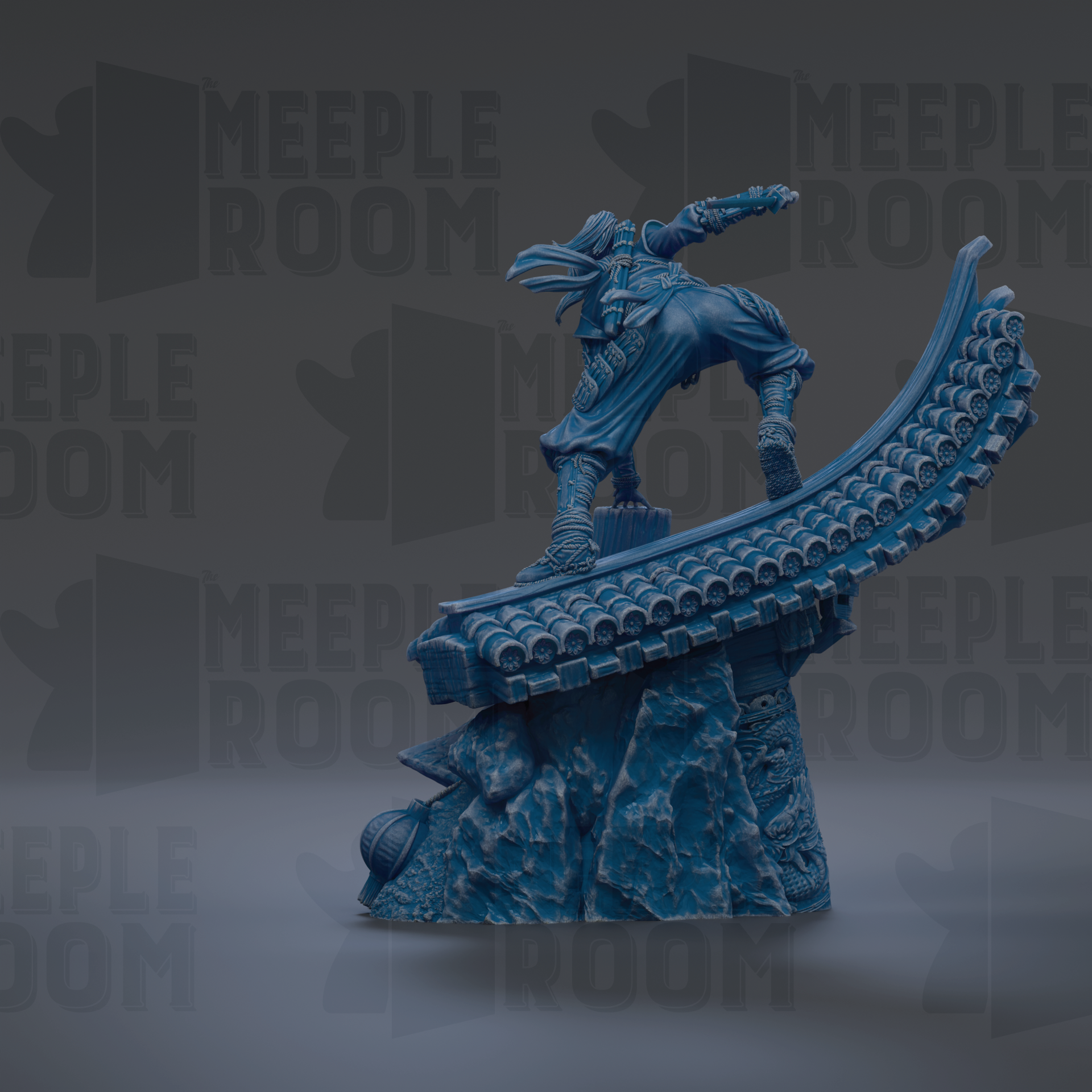 A blue statue of a person standing on a rock formation, with the text "MEEPLE ROOM" repeated in the background.