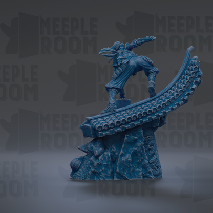 A blue statue of a person standing on a rock formation, with the text "MEEPLE ROOM" repeated in the background.