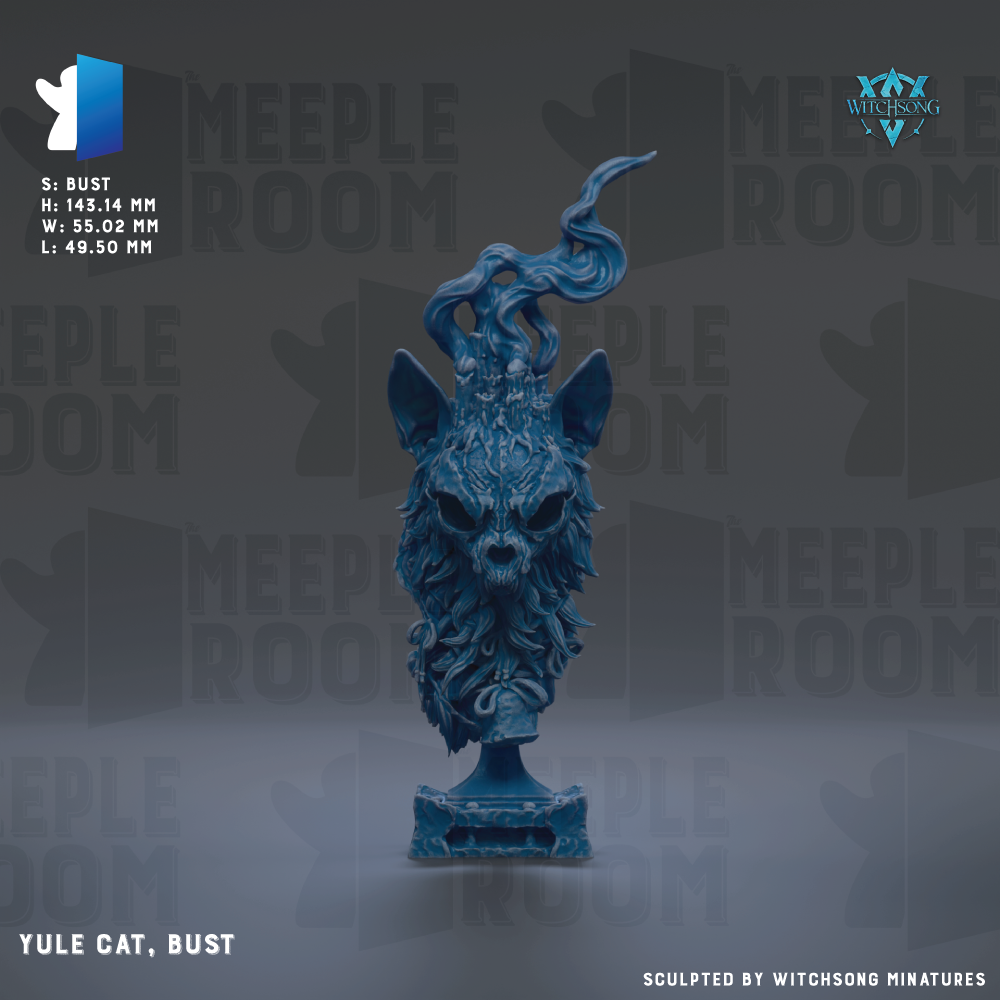 a bust of a blue creature with a long, flowing mane and horns, resembling a mythical or fantastical being.