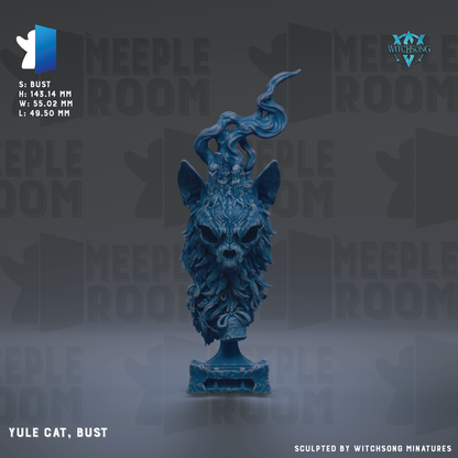 a bust of a blue creature with a long, flowing mane and horns, resembling a mythical or fantastical being.