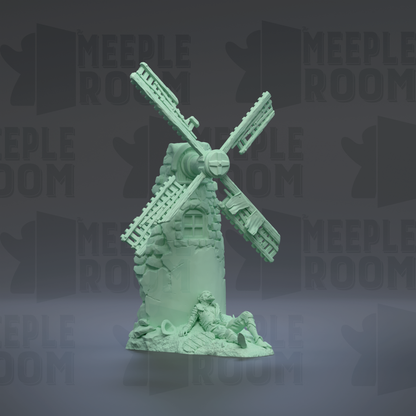 A green, 3D-rendered windmill sculpture is displayed against a dark background with repeated text.