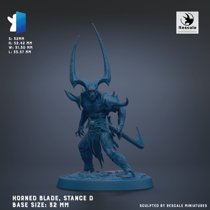 a figurine of a horned blade-wielding character, specifically a Stance D, with a base size of 32 mm.