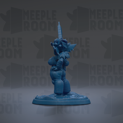 A blue figurine of a character with a pointed hat and a tall structure on top, standing on a base.