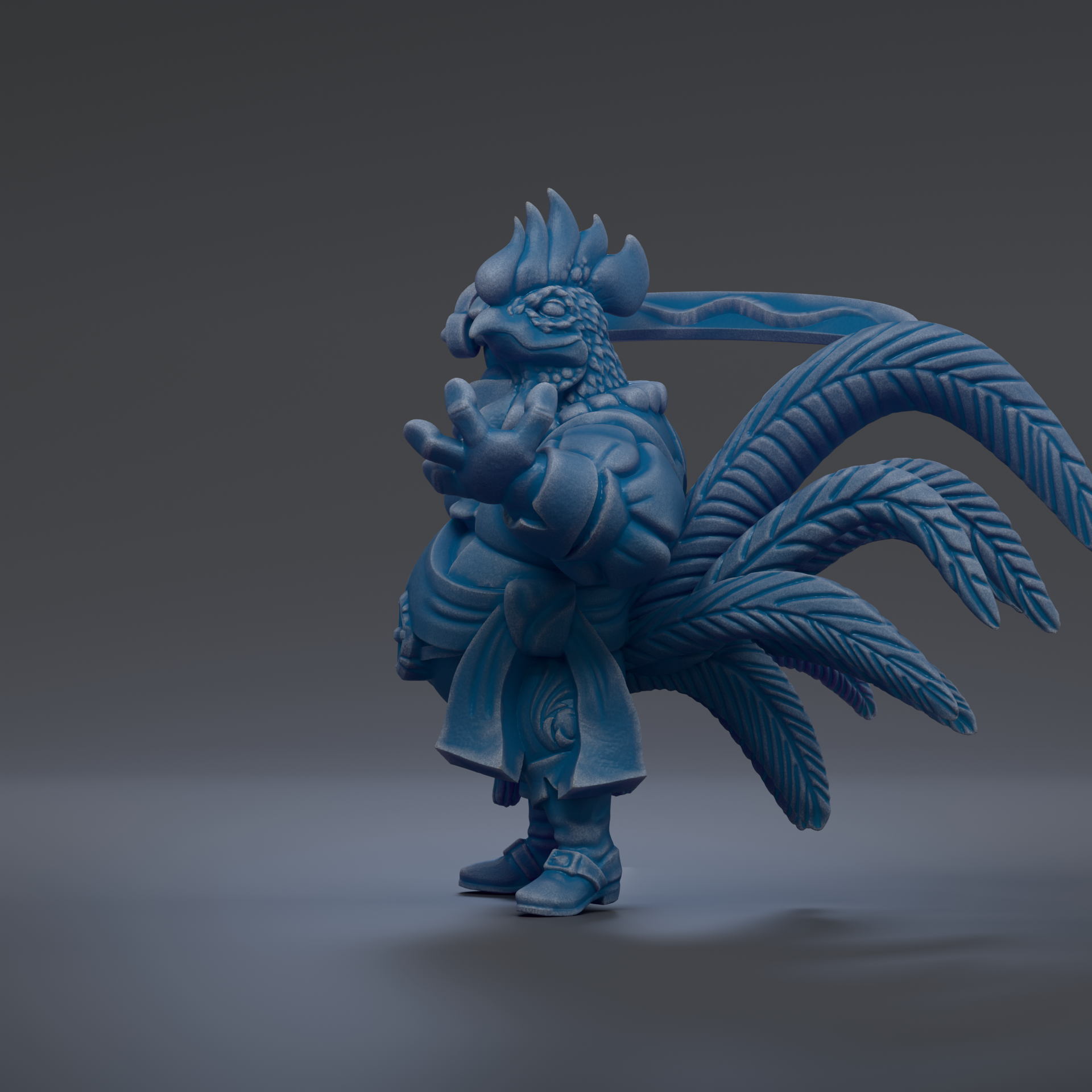 A blue, fantastical creature with a large head and multiple tails stands on a gray surface.