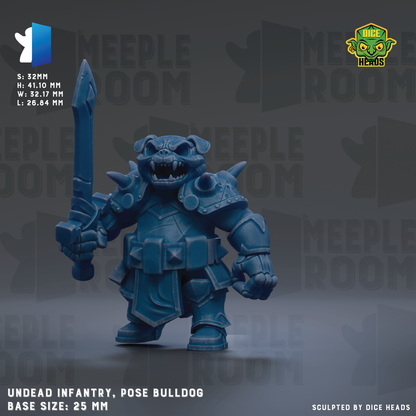 a blue, armored character holding a sword, with the text "UNDEAD INFRANTRY, POSE BULLDOG" and "BASE SIZE: 25MM" visible.