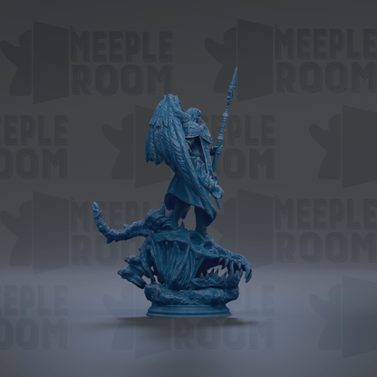 A blue figurine of a warrior standing on a dragon, with the text "MEUPLE ROOM" repeated in the background.