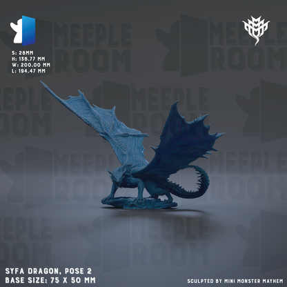 a blue dragon statue with outstretched wings, standing on a base. The dragon is the central focus of the image, with the background being a dark gray color. The image does not contain any text or additional objects, and the dragon is the only visible element.