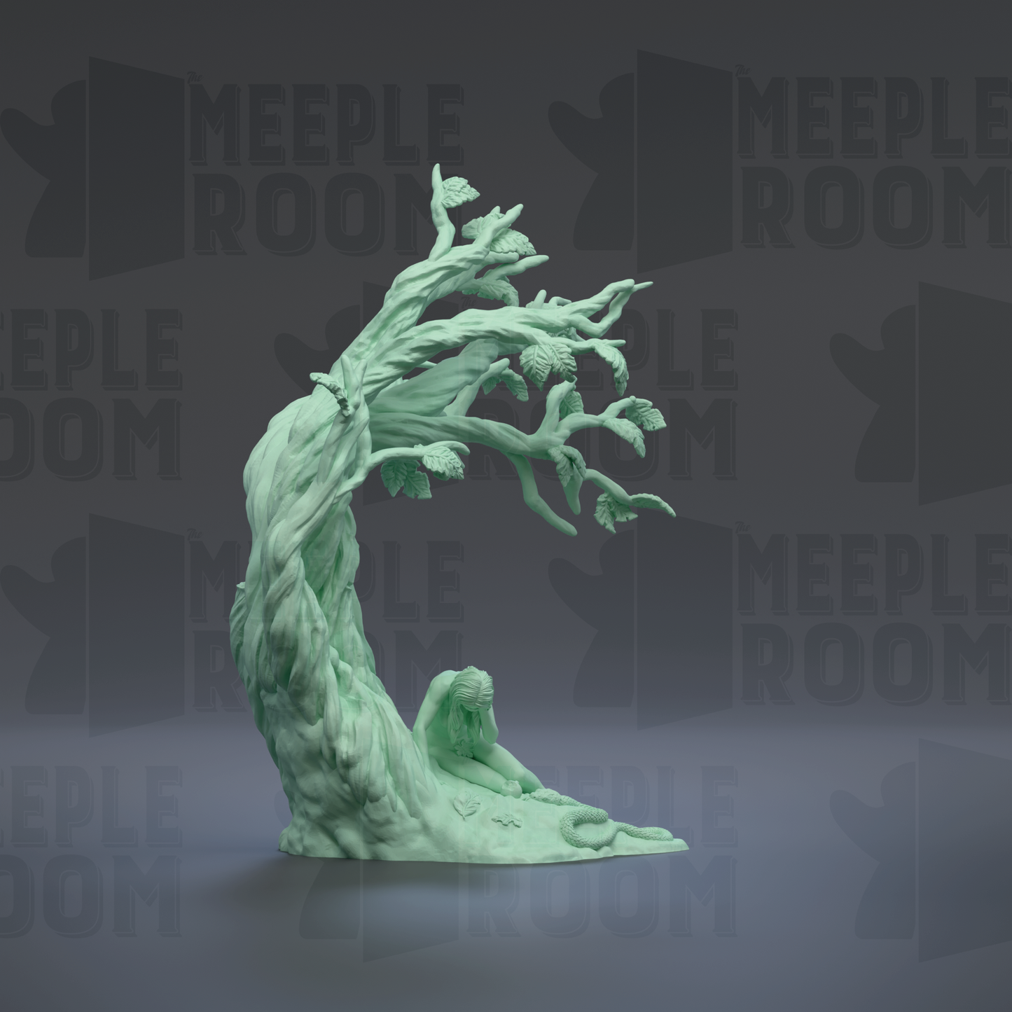 A green, organic-looking tree sculpture with a human-like figure sitting on the ground, set against a dark background with repeated text.