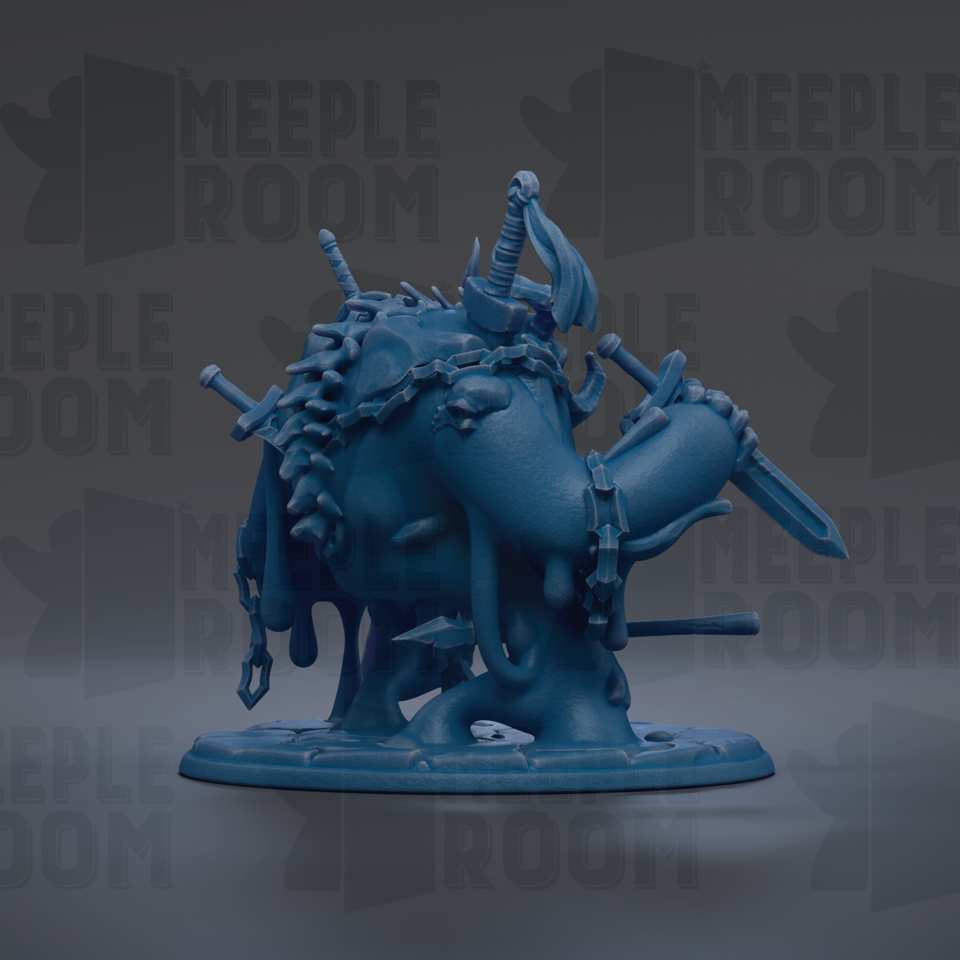 A blue, 3D-rendered figurine of a fantastical creature with multiple weapons and a chain around its neck, set against a dark background with repeated text.