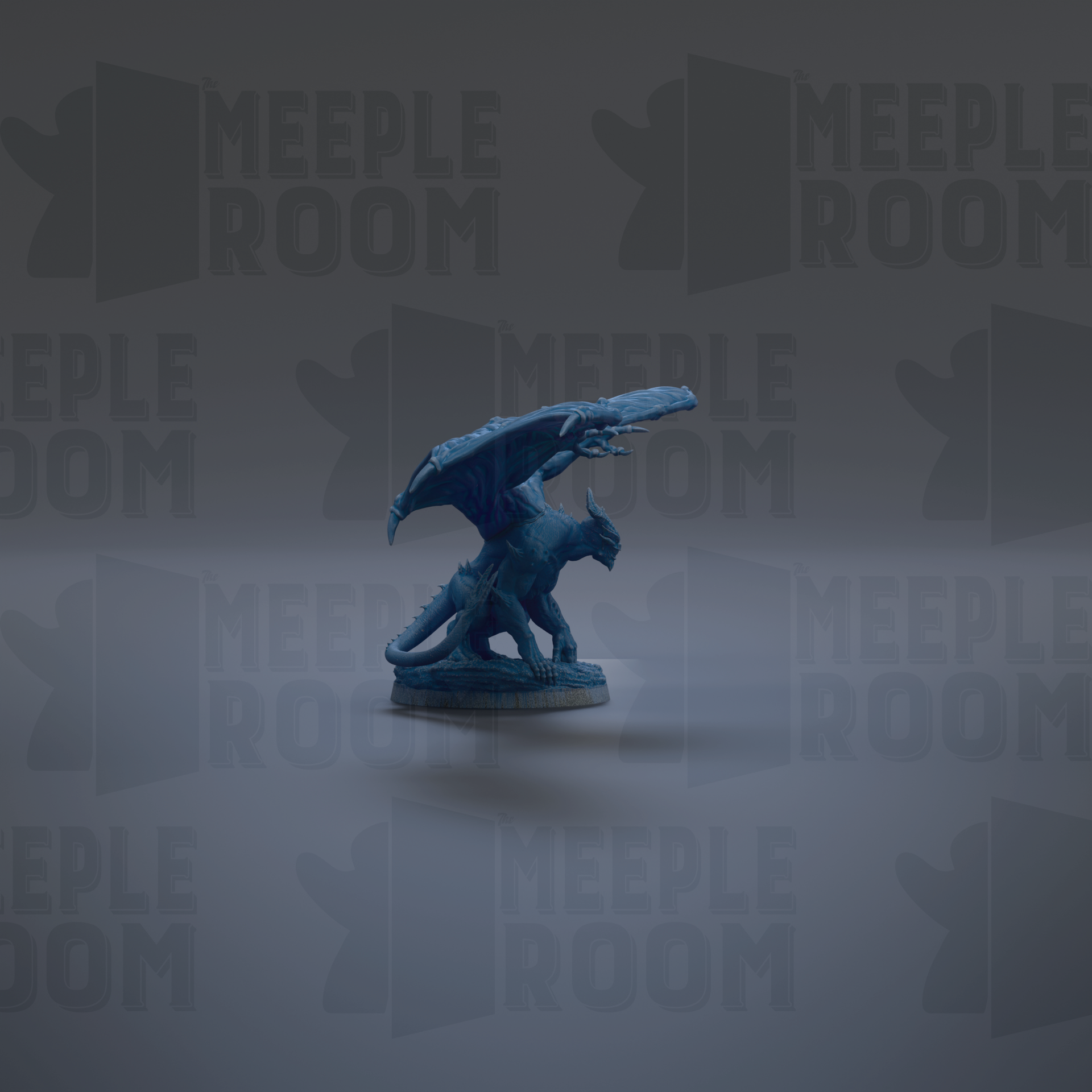 A blue dragon figurine is shown against a dark background with repeated text.