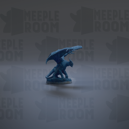 A blue dragon figurine is shown against a dark background with repeated text.