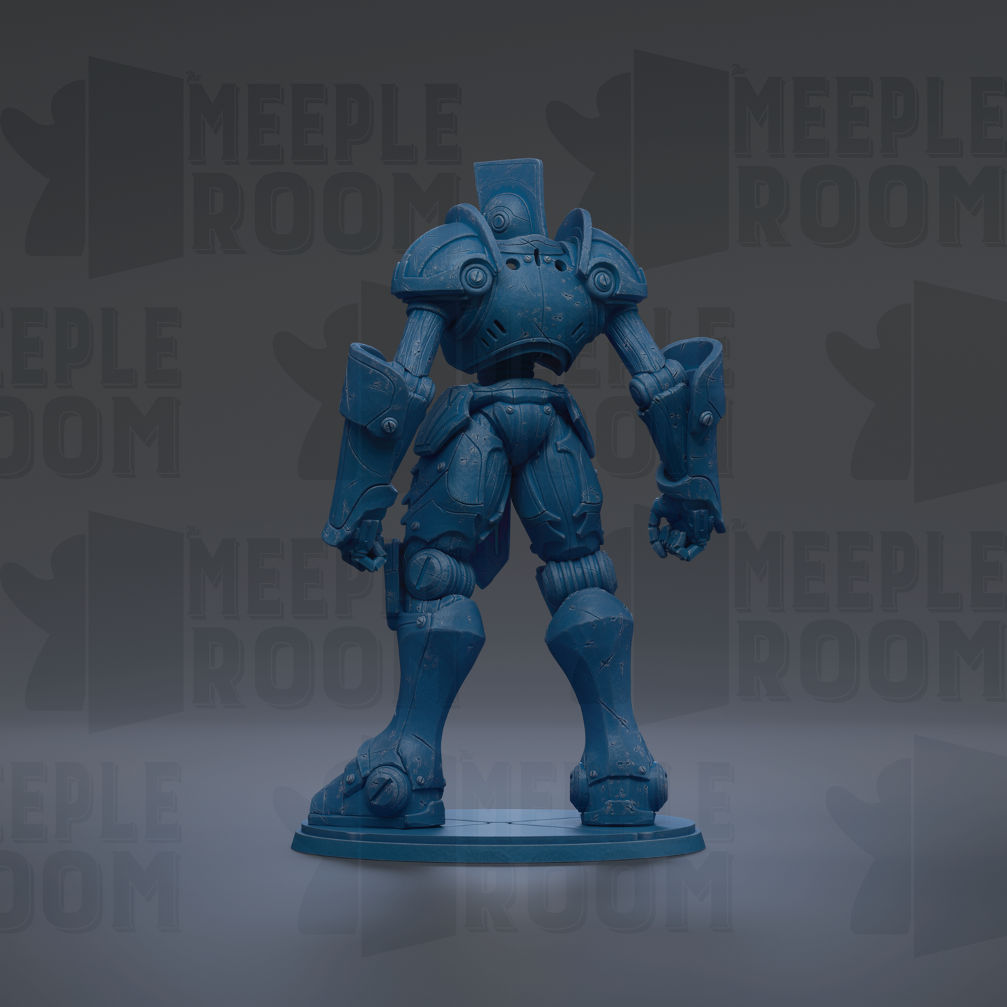A blue, metallic robot figurine is standing on a base against a dark background with repeated text.