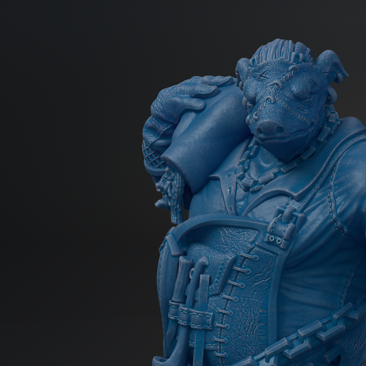 A close-up view of a blue, textured statue depicting a fantastical creature with intricate details and a detailed design.