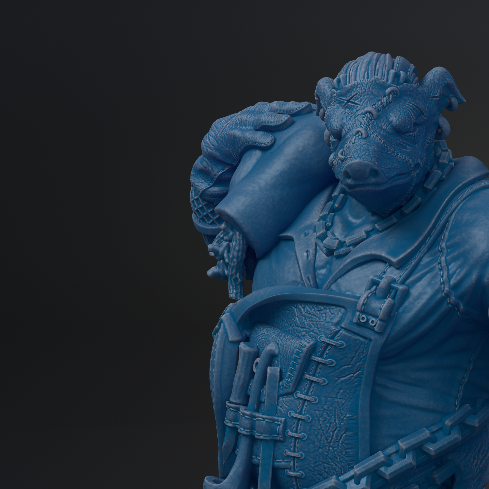 A close-up view of a blue, textured statue depicting a fantastical creature with intricate details and a detailed design.