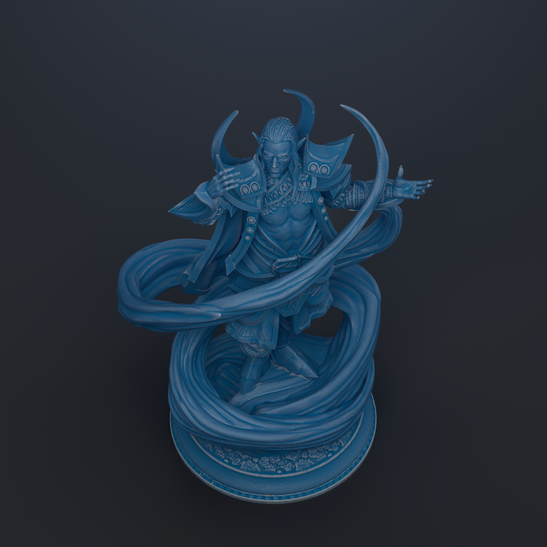 A blue statue of a figure with horns and a flowing cape, standing on a pedestal against a dark background.