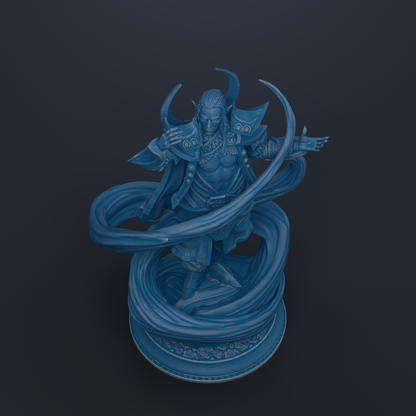 A blue statue of a figure with horns and a flowing cape, standing on a pedestal against a dark background.