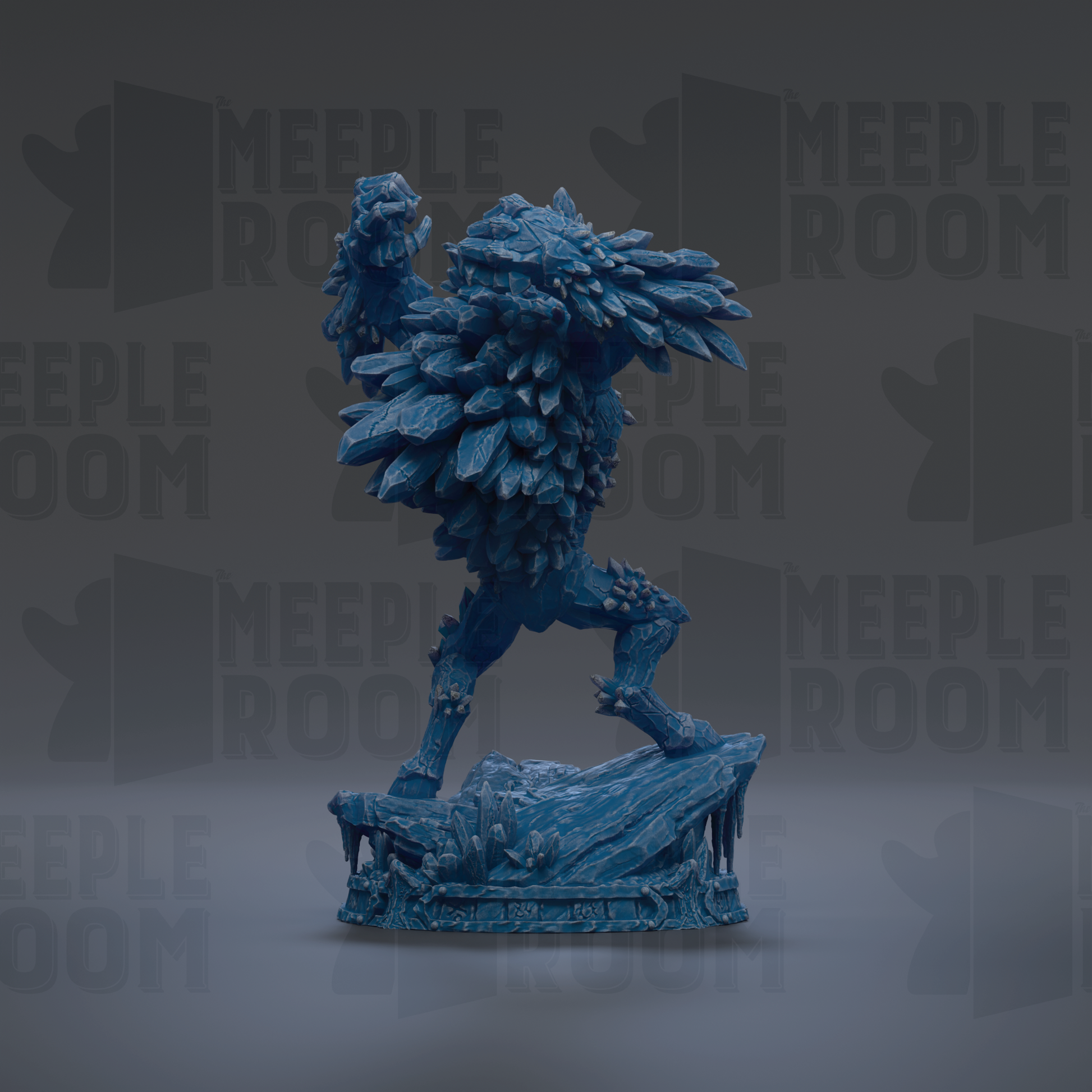A blue, icy-looking statue of a creature with a large head and long, sharp teeth, standing on a rock formation.