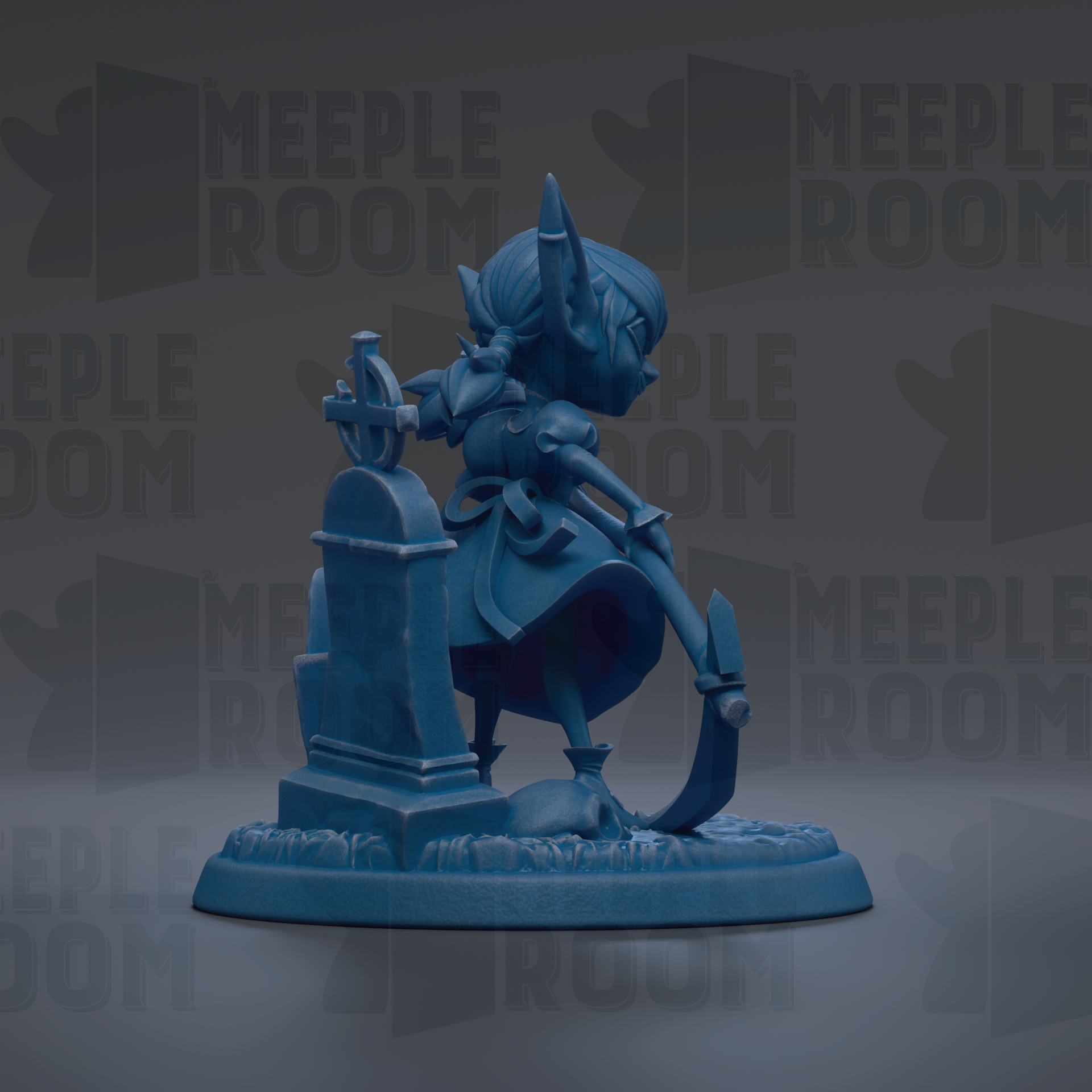 A blue figurine of a character with horns and a sword, standing on a pedestal.