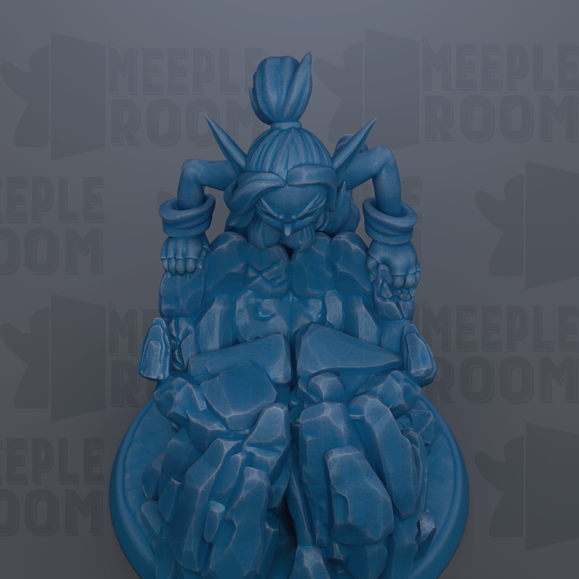 A blue, 3D-rendered figurine of a character with a large head and arms, sitting on a rock formation.