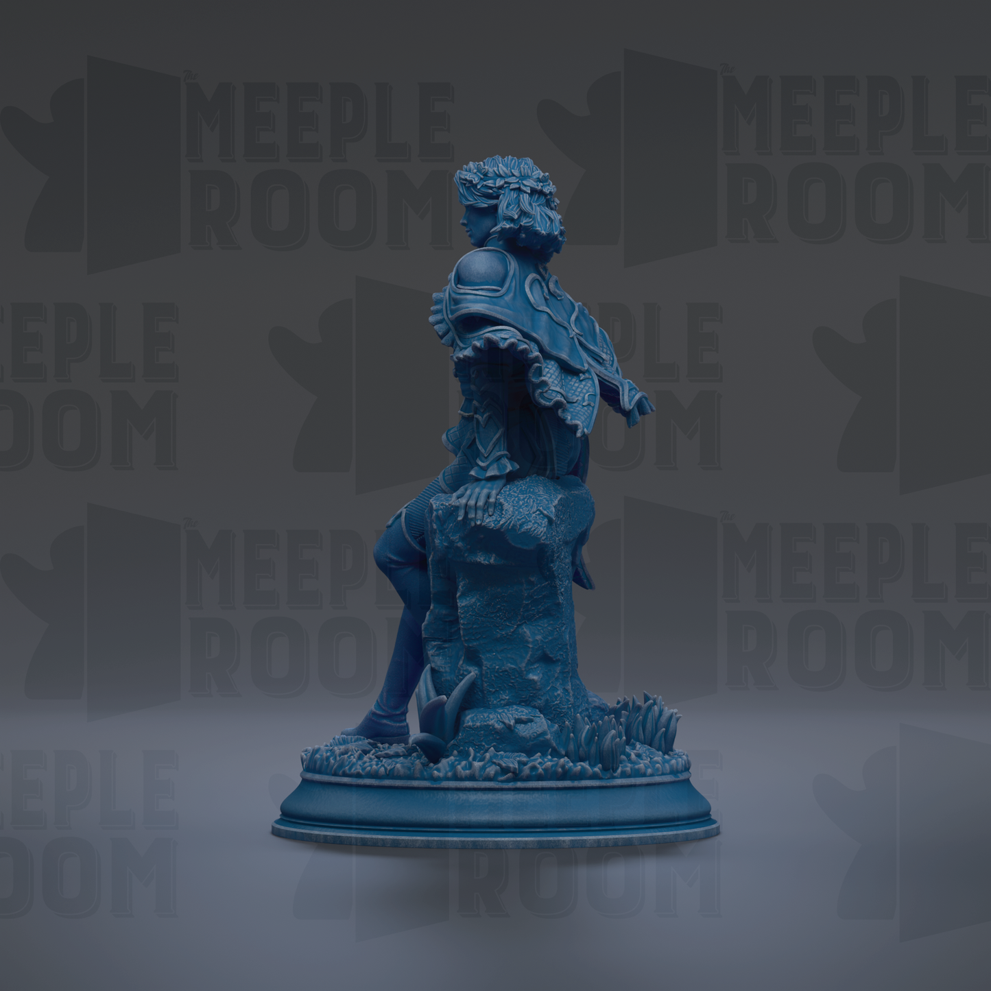 A blue statue of a seated figure, possibly a deity or mythological figure, is displayed against a dark background with repeated text.
