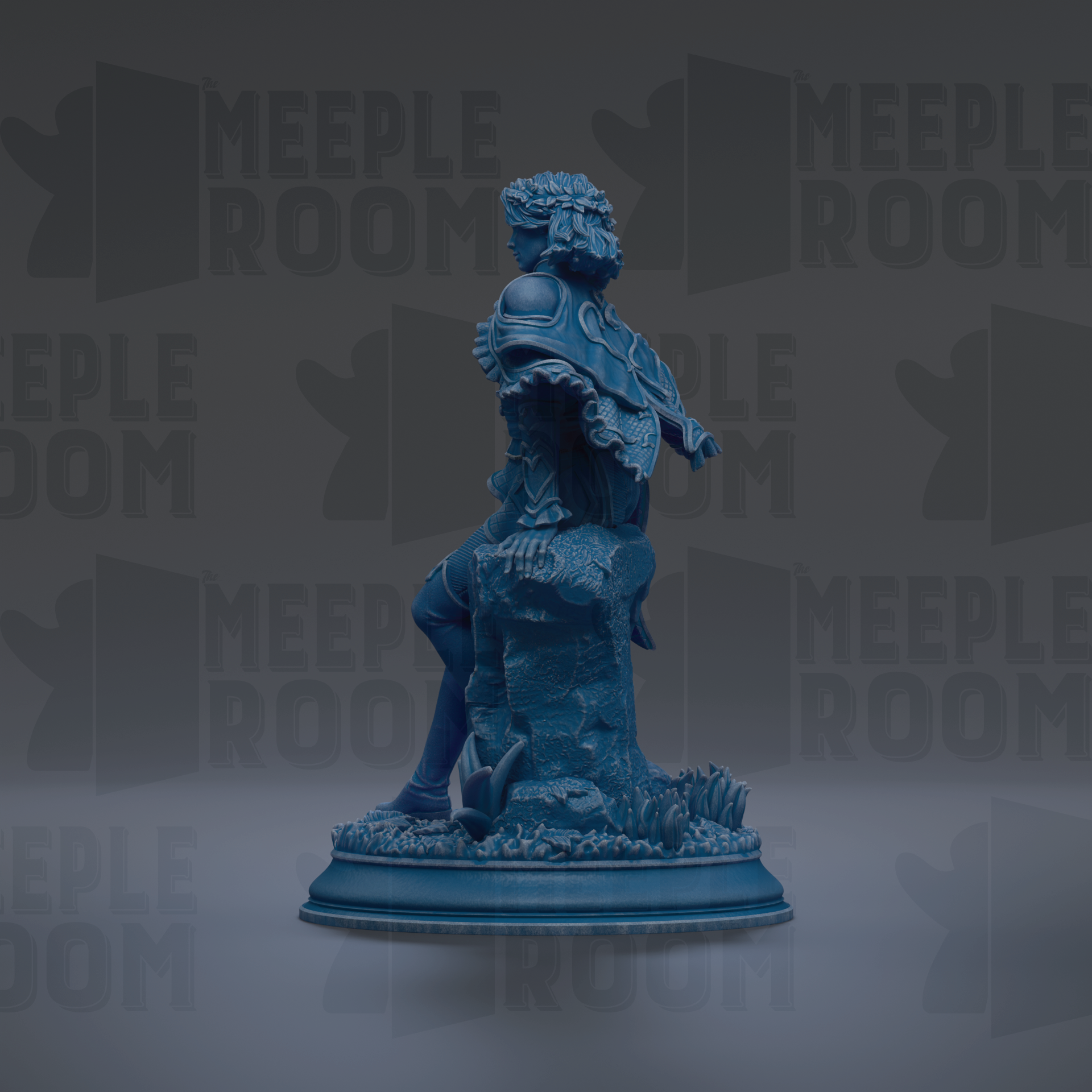 A blue statue of a seated figure, possibly a deity or mythological figure, is displayed against a dark background with repeated text.