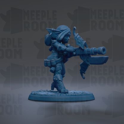 A blue figurine of a character with a gun, standing on a base and holding a weapon.
